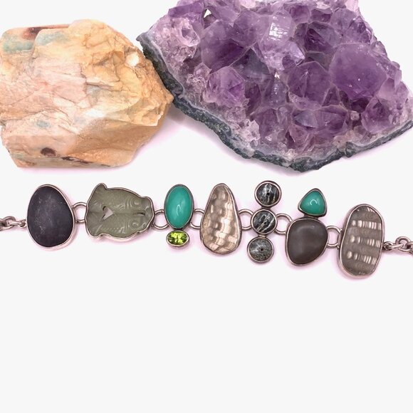 THE DREAMER Vintage Sterling Silver 925 Fossil Stone Boho Unique Bracelet #788 - Picture 13 of 13